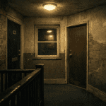 Dim top-floor hallway in an old apartment building with a sealed wall where stairs should continue upward