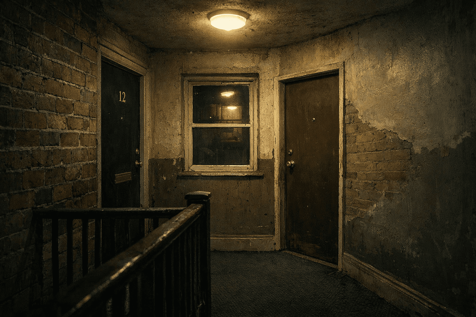 Dim top-floor hallway in an old apartment building with a sealed wall where stairs should continue upward