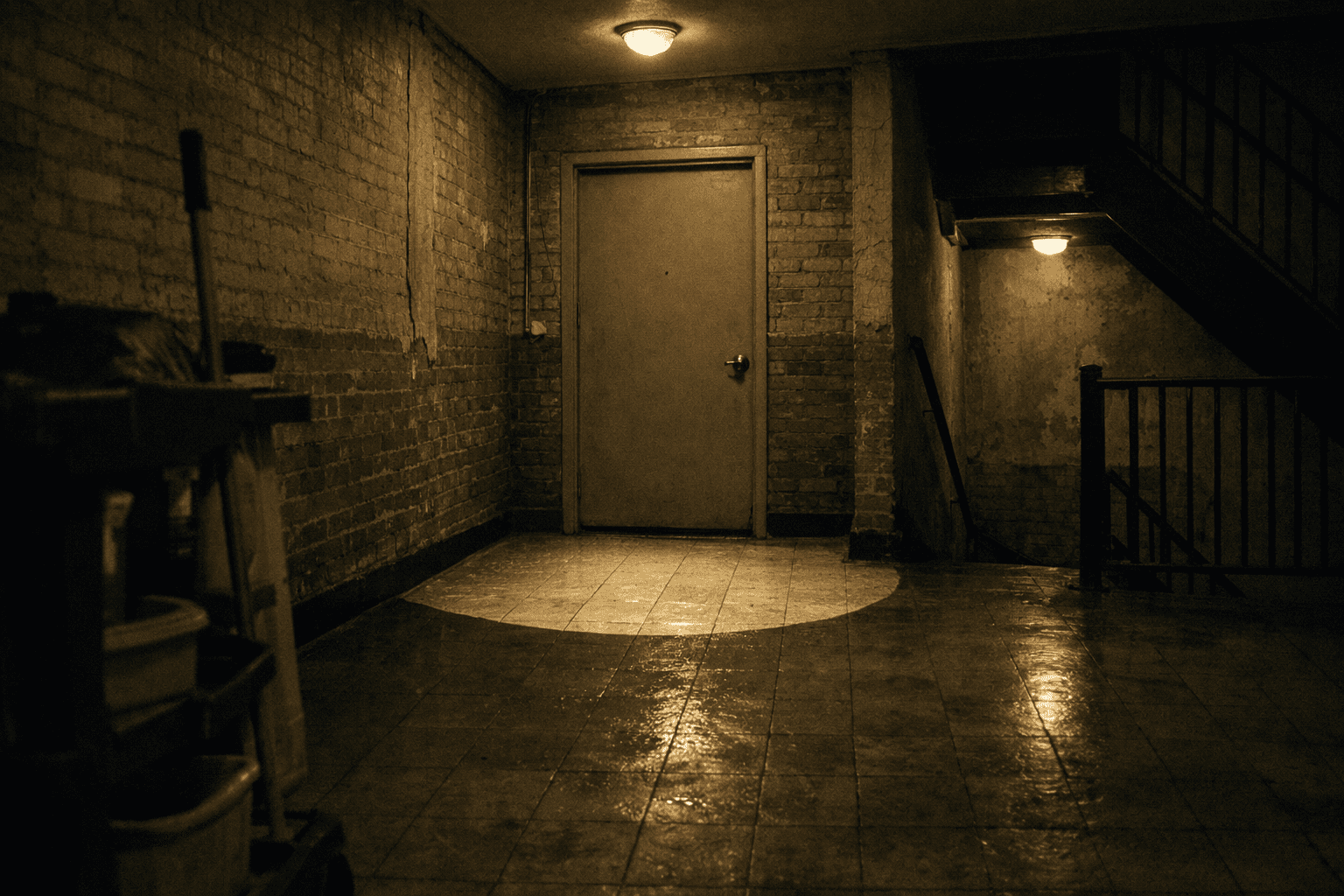Dim apartment hallway with a freshly cleaned half-circle around a sealed door at night